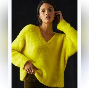Maeve Anthropologie Yellow Fuzzy Oversized V-Neck sweater